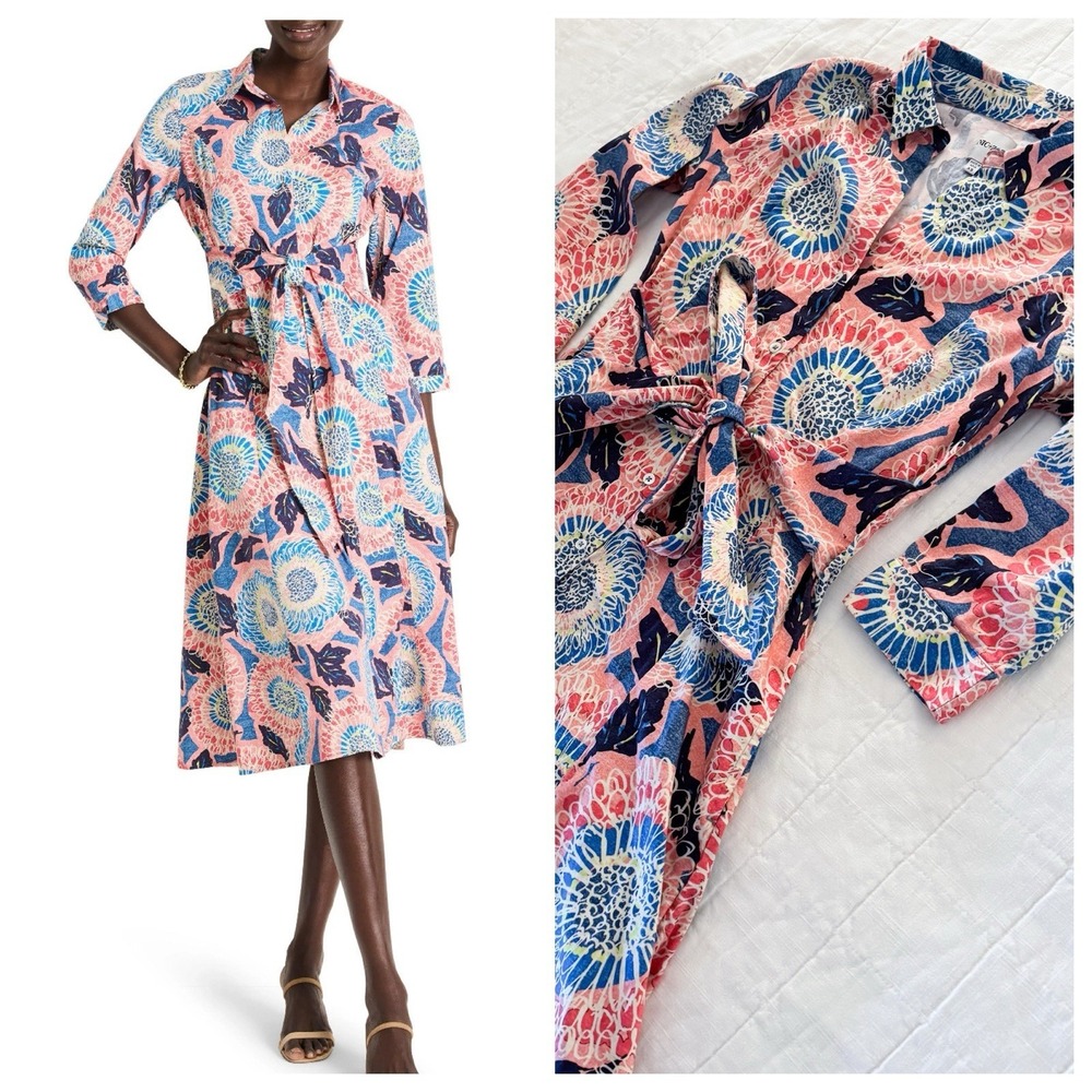 Nic+Zoe Scribble Blooms Shirt Dress Women's XS Belted Spring Floral MIDI‎ EUC